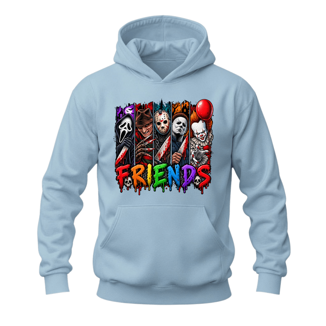 Light blue unisex horror pullover hoodie with colourful Halloween character graphic and front kangaroo pocket