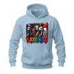 Light blue unisex horror pullover hoodie with colourful Halloween character graphic and front kangaroo pocket