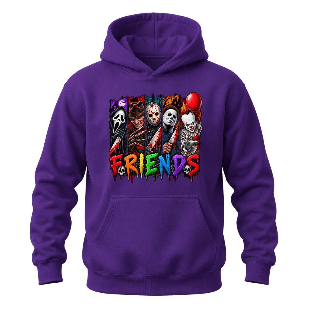 Purple unisex Halloween hoodie with colourful Horror Friends character lineup and detailed front graphic