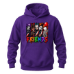 Purple unisex Halloween hoodie with colourful Horror Friends character lineup and detailed front graphic
