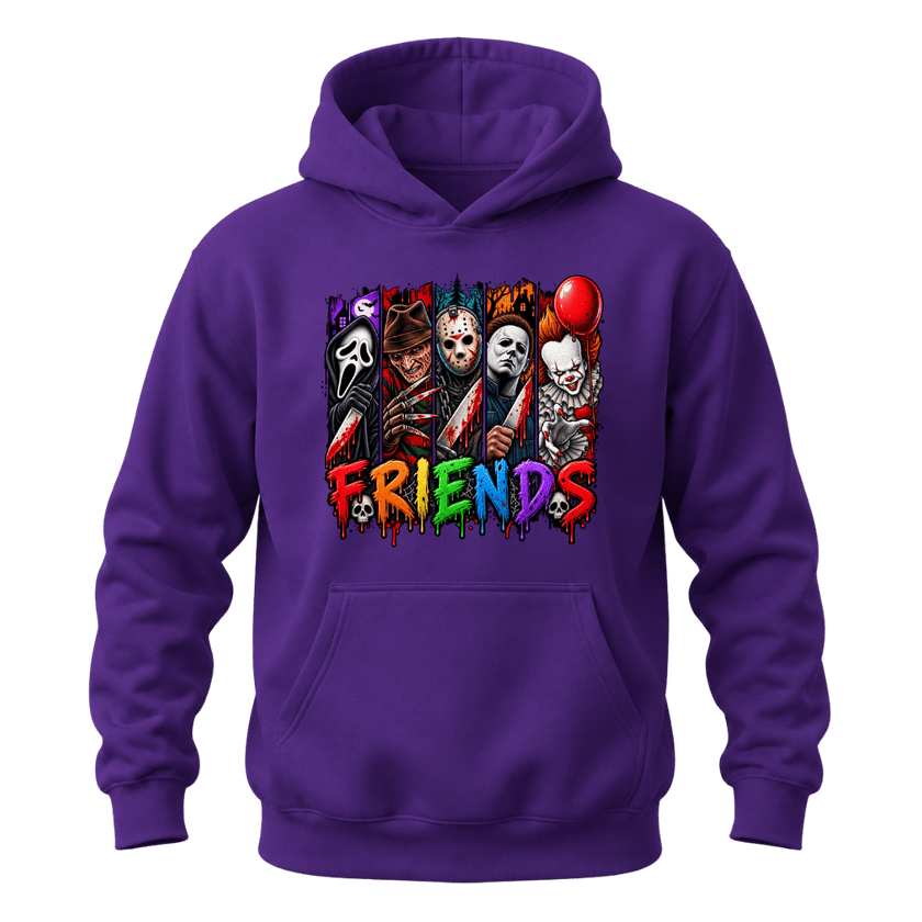 Purple unisex Halloween hoodie with colourful Horror Friends character lineup and detailed front graphic