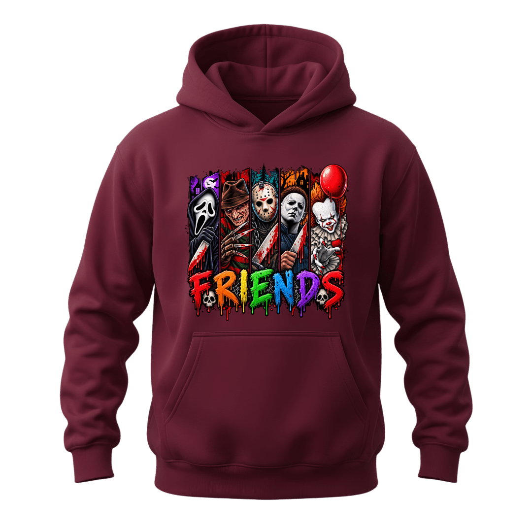 Maroon unisex horror hoodie with colourful spooky character artwork and bold dripping FRIENDS graphic