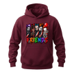 Maroon unisex horror hoodie with colourful spooky character artwork and bold dripping FRIENDS graphic