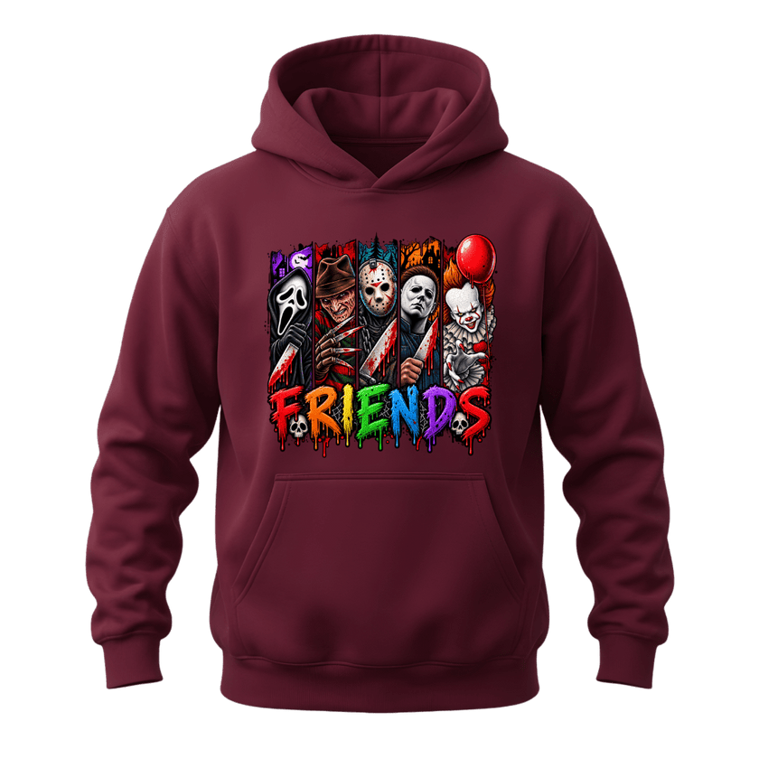 Maroon unisex horror hoodie with colourful spooky character artwork and bold dripping FRIENDS graphic