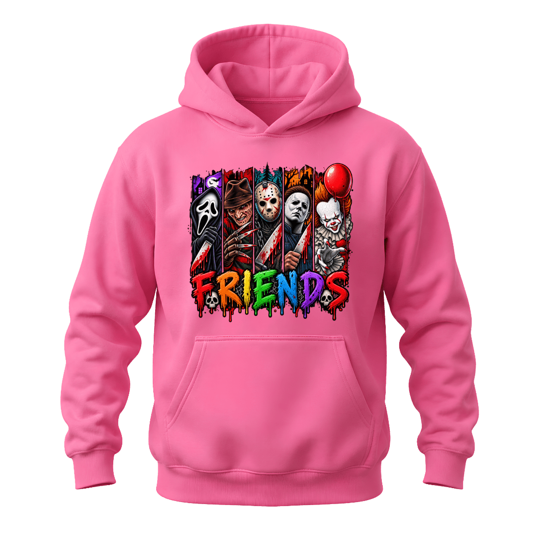 Azalea pink Horror Friends hoodie with colourful Halloween character artwork and classic pullover styling