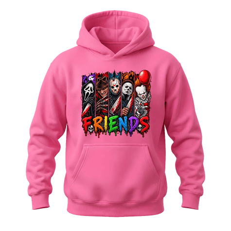 Azalea pink Horror Friends hoodie with colourful Halloween character artwork and classic pullover styling
