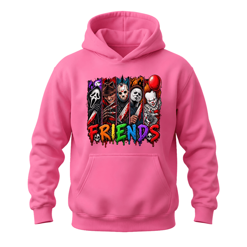 Azalea pink Horror Friends hoodie with colourful Halloween character artwork and classic pullover styling
