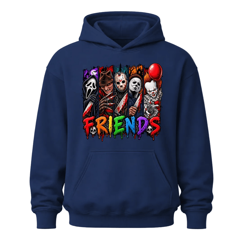 Navy Horror Friends pullover hoodie featuring vibrant slasher inspired characters for Halloween and horror fans