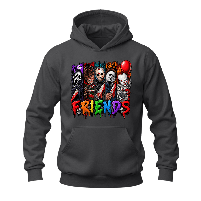 Charcoal grey horror hoodie with colourful Halloween inspired character lineup and dripping FRIENDS lettering