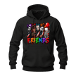 Black unisex Horror Friends Halloween hoodie featuring bright multicolour slasher inspired graphic artwork