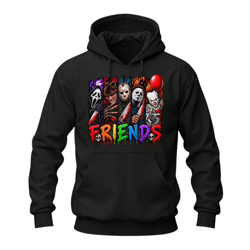 Black unisex Horror Friends Halloween hoodie featuring bright multicolour slasher inspired graphic artwork