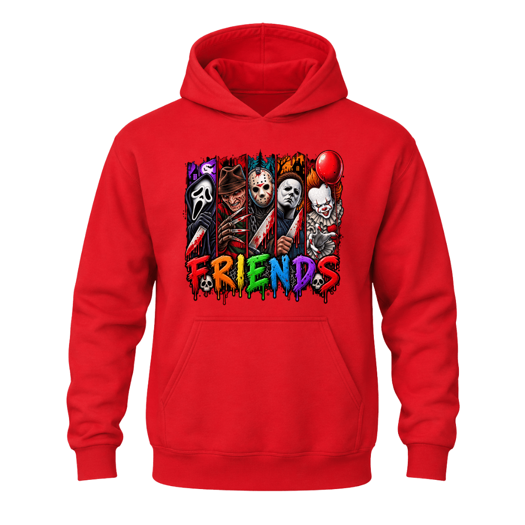 Red Horror Friends hoodie featuring colourful horror inspired characters and bold Halloween graphic artwork