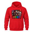 Red Horror Friends hoodie featuring colourful horror inspired characters and bold Halloween graphic artwork