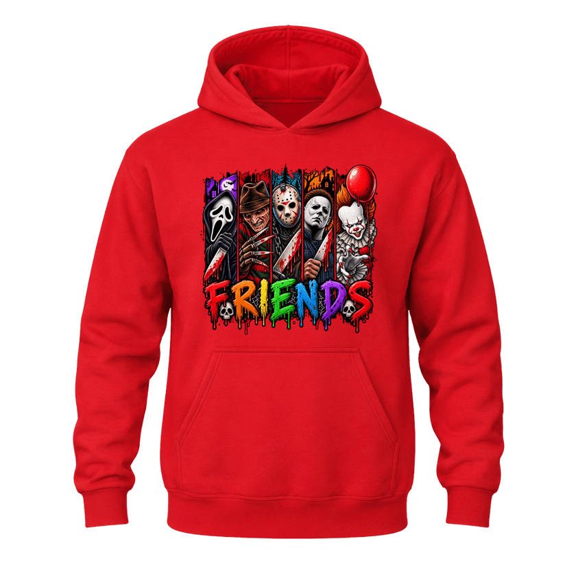 Red Horror Friends hoodie featuring colourful horror inspired characters and bold Halloween graphic artwork