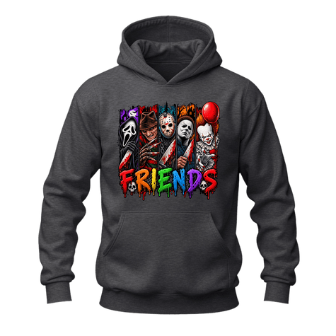 Dark heather grey unisex Horror Friends sweatshirt hoodie with vibrant horror themed front graphic