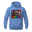 Carolina blue unisex horror hoodie featuring colourful slasher inspired characters and dripping FRIENDS lettering