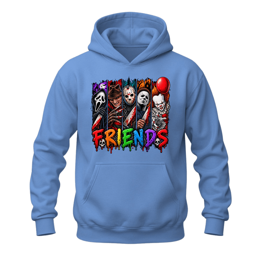 Carolina blue unisex horror hoodie featuring colourful slasher inspired characters and dripping FRIENDS lettering