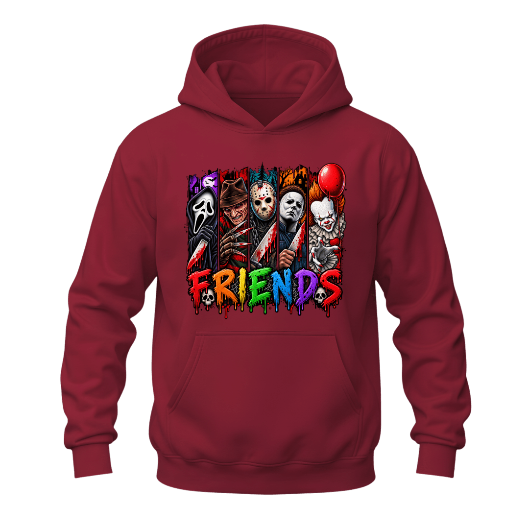Cardinal red Horror Friends Halloween hoodie featuring vibrant horror inspired artwork and colourful FRIENDS lettering
