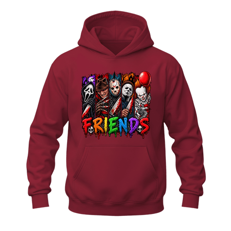 Cardinal red Horror Friends Halloween hoodie featuring vibrant horror inspired artwork and colourful FRIENDS lettering