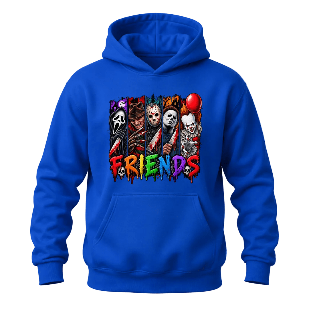 Royal blue unisex horror hoodie with detailed spooky character illustration and rainbow FRIENDS lettering