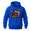 Royal blue unisex horror hoodie with detailed spooky character illustration and rainbow FRIENDS lettering