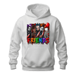 White Horror Friends unisex hoodie with colourful spooky character artwork and bold Halloween design