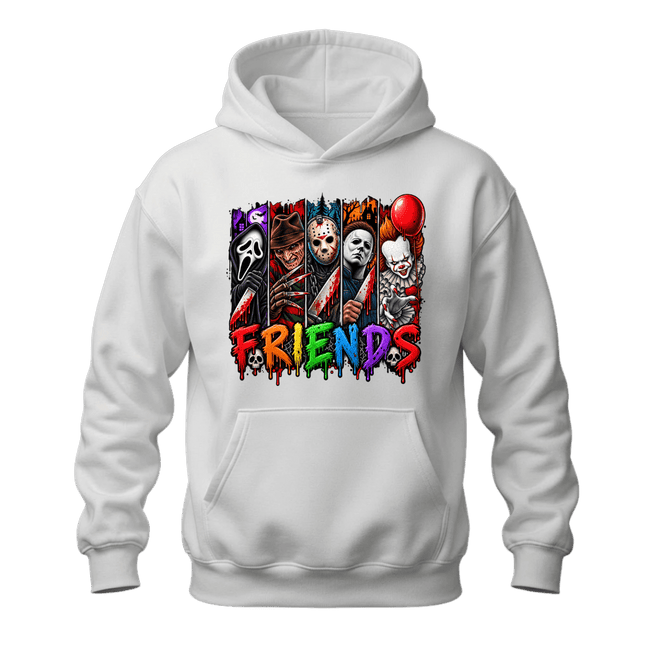 White Horror Friends unisex hoodie with colourful spooky character artwork and bold Halloween design