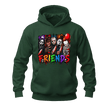 Forest green unisex Halloween hoodie featuring a bold lineup of horror inspired characters and rainbow FRIENDS design