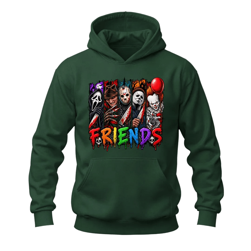 Forest green unisex Halloween hoodie featuring a bold lineup of horror inspired characters and rainbow FRIENDS design