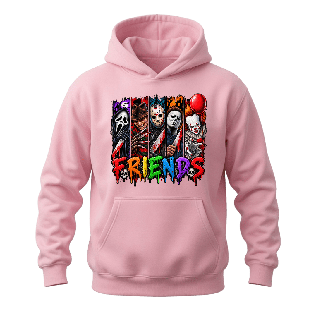 Light pink Horror Friends Halloween hoodie featuring detailed horror inspired characters and bright multicolour lettering