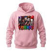 Light pink Horror Friends Halloween hoodie featuring detailed horror inspired characters and bright multicolour lettering