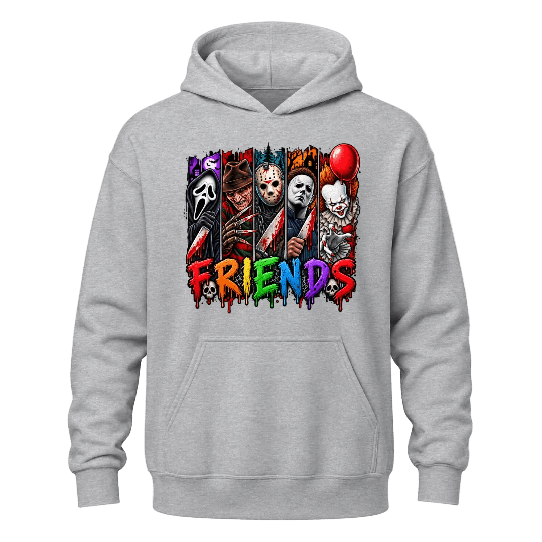 Grey Horror Friends hoodie with colourful slasher inspired Halloween artwork printed across the front