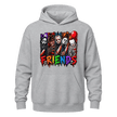 Grey Horror Friends hoodie with colourful slasher inspired Halloween artwork printed across the front