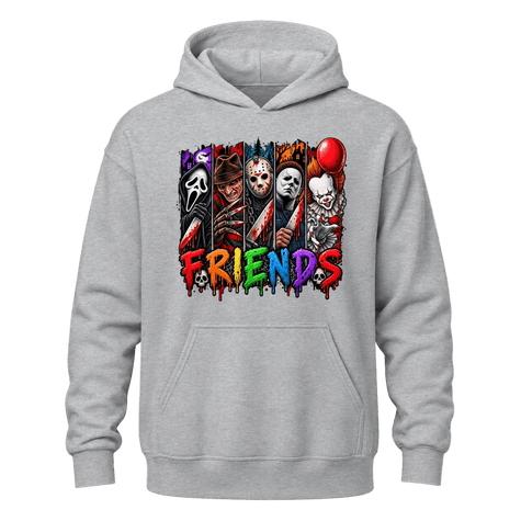Grey Horror Friends hoodie with colourful slasher inspired Halloween artwork printed across the front