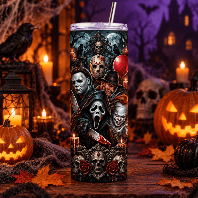 Black horror inspired tumbler cup with spooky character collage, skull accents, red roses, and gothic Halloween artwork