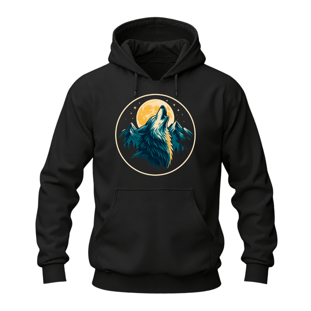 Black howling wolf hoodie with bold moon artwork, mountain scenery, stars, and a cozy pullover style.