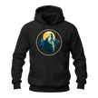 Black howling wolf hoodie with bold moon artwork, mountain scenery, stars, and a cozy pullover style.