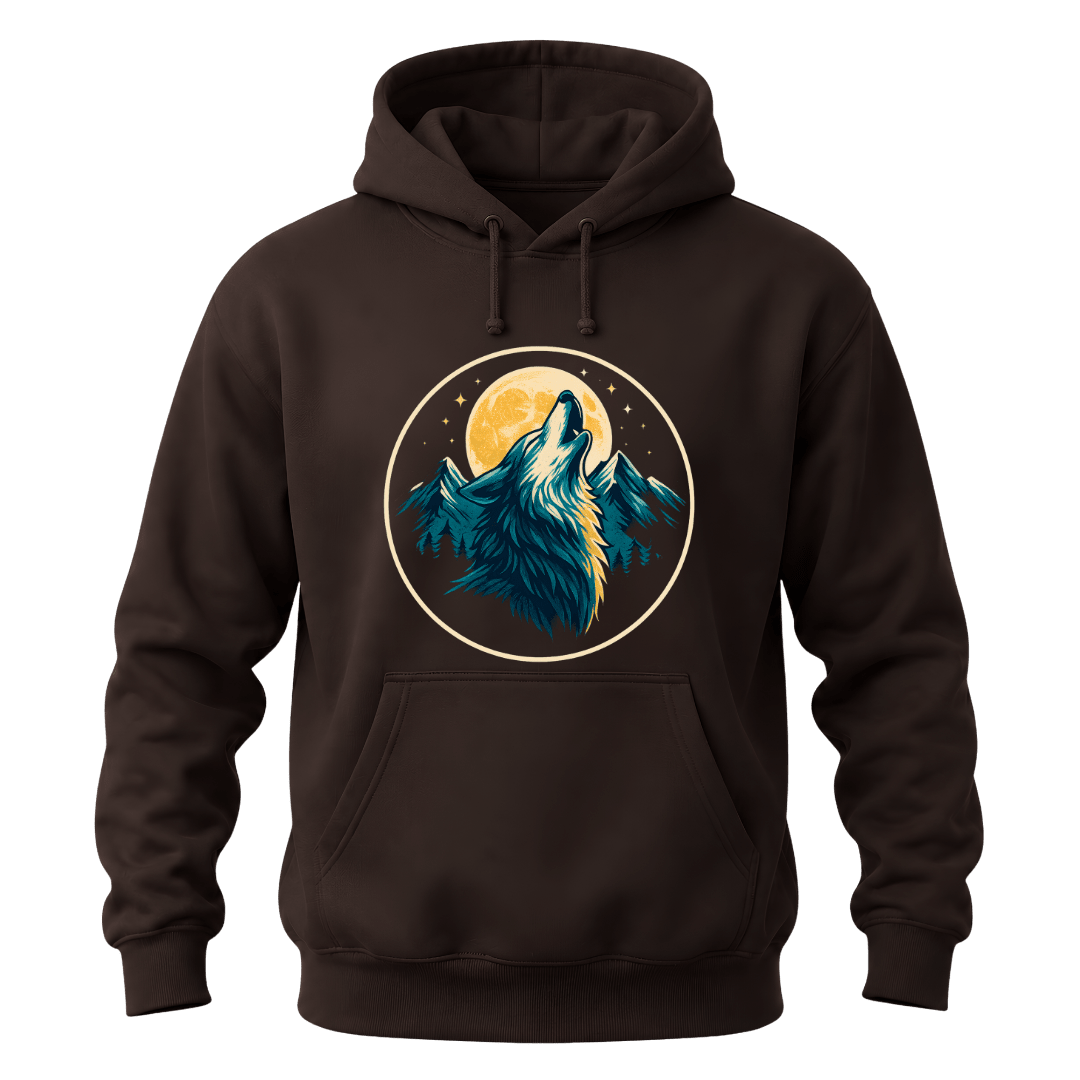 Dark Chocolate hoodie featuring a howling wolf under a golden moon with mountains and wilderness artwork.