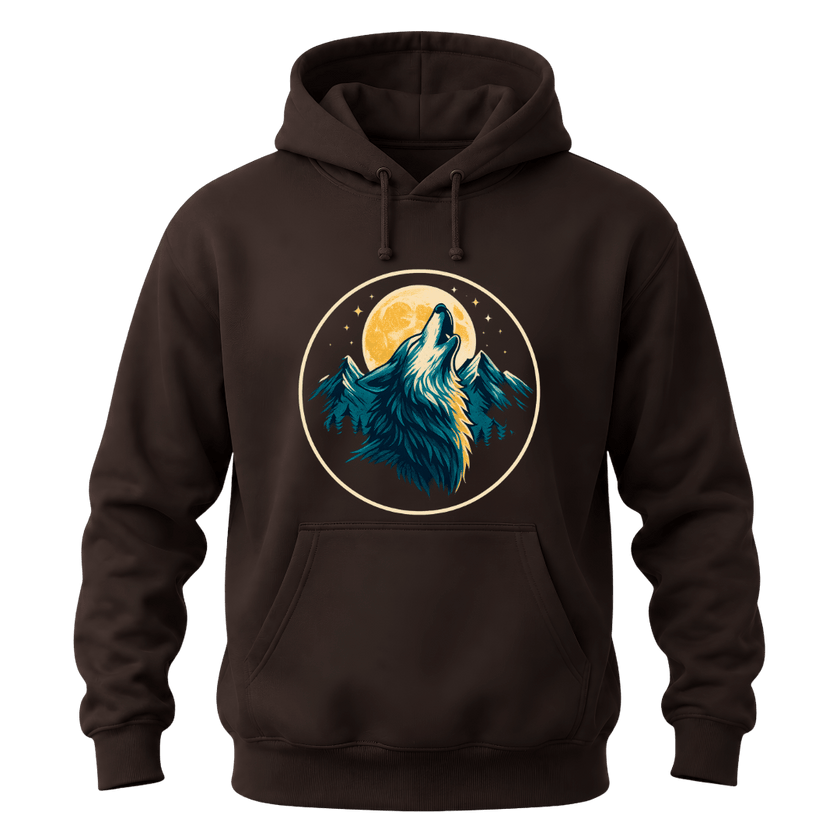 Dark Chocolate hoodie featuring a howling wolf under a golden moon with mountains and wilderness artwork.