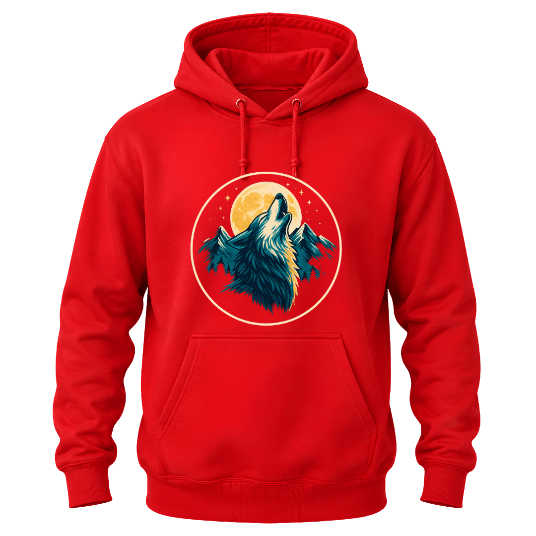 Red graphic hoodie with a bold wolf howling at the moon design, mountain artwork, and outdoor inspired style.