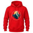 Red graphic hoodie with a bold wolf howling at the moon design, mountain artwork, and outdoor inspired style.