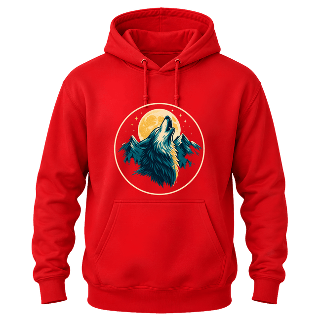 Red graphic hoodie with a bold wolf howling at the moon design, mountain artwork, and outdoor inspired style.