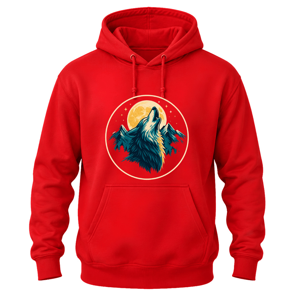 Red graphic hoodie with a bold wolf howling at the moon design, mountain artwork, and outdoor inspired style.