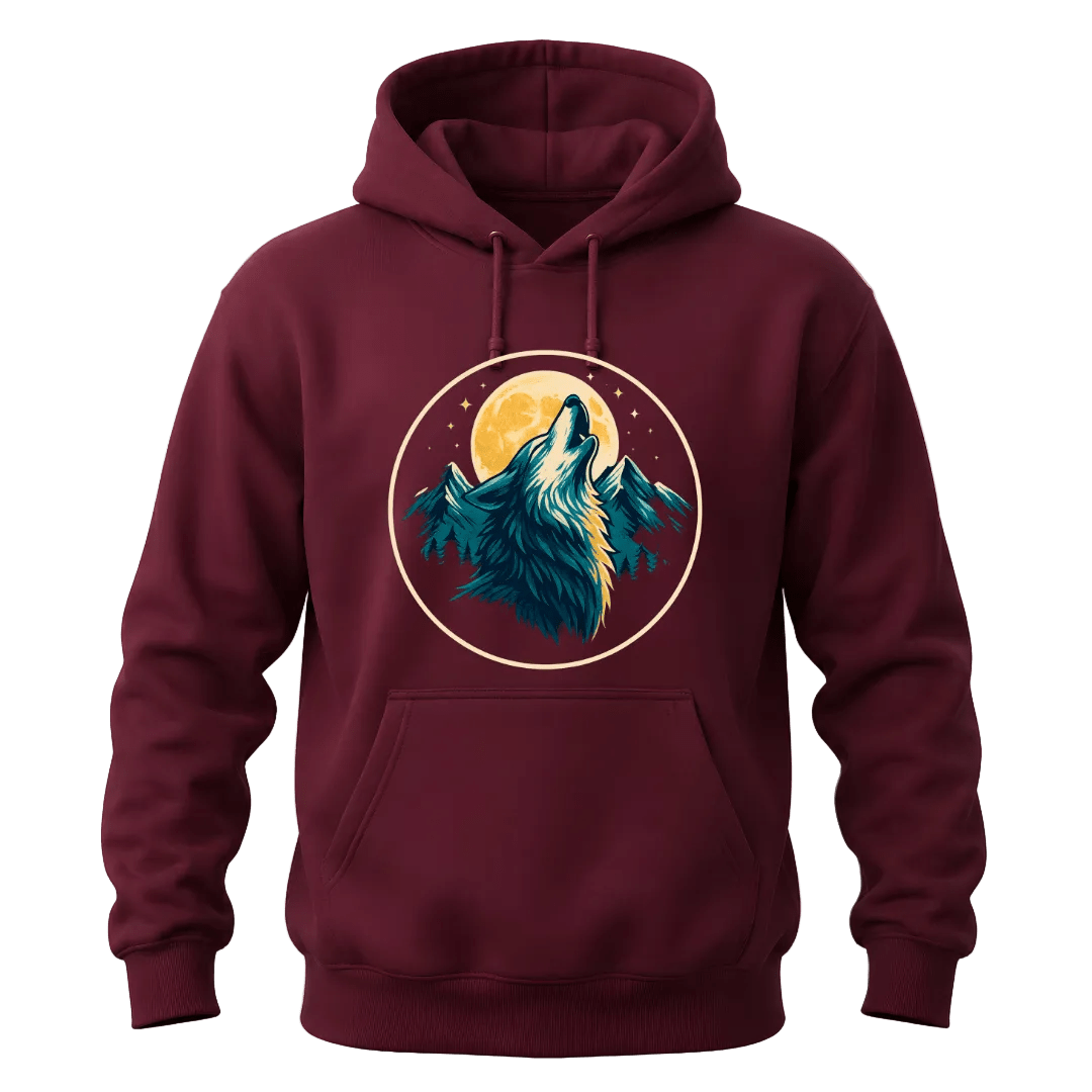 Maroon wolf lover hoodie with moonlit mountain scenery, bold front print, and cozy casual pullover style.