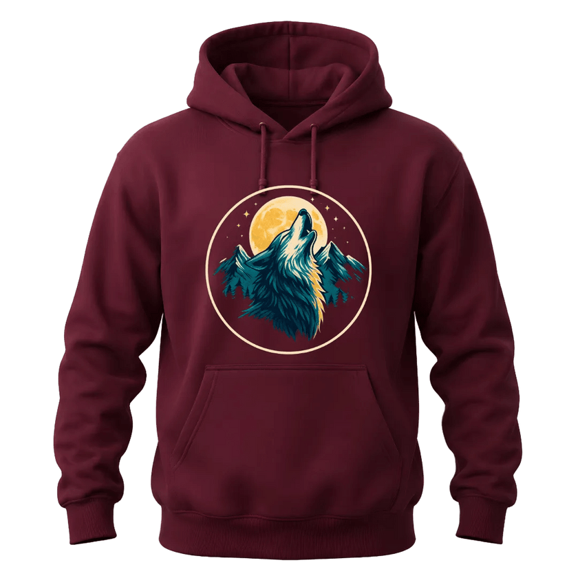 Maroon wolf lover hoodie with moonlit mountain scenery, bold front print, and cozy casual pullover style.