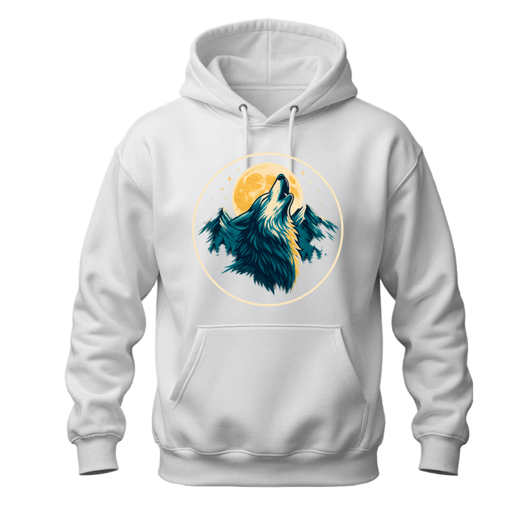 White wolf graphic hoodie featuring a golden moon, mountain peaks, forest elements, and wildlife inspired artwork.