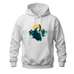 White wolf graphic hoodie featuring a golden moon, mountain peaks, forest elements, and wildlife inspired artwork.
