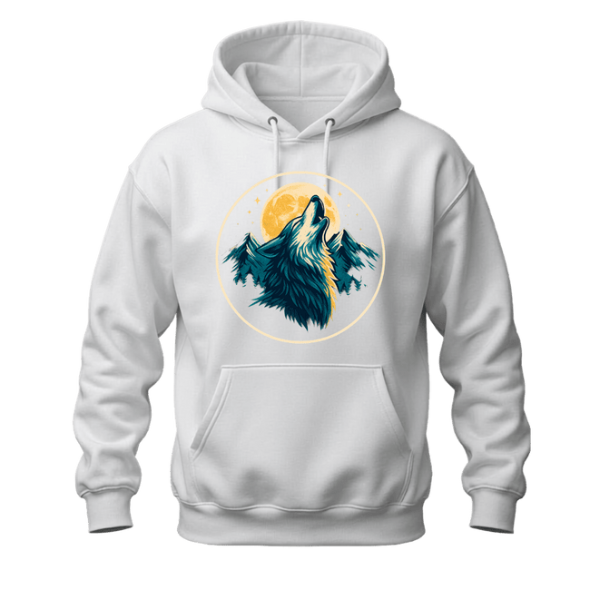 White wolf graphic hoodie featuring a golden moon, mountain peaks, forest elements, and wildlife inspired artwork.