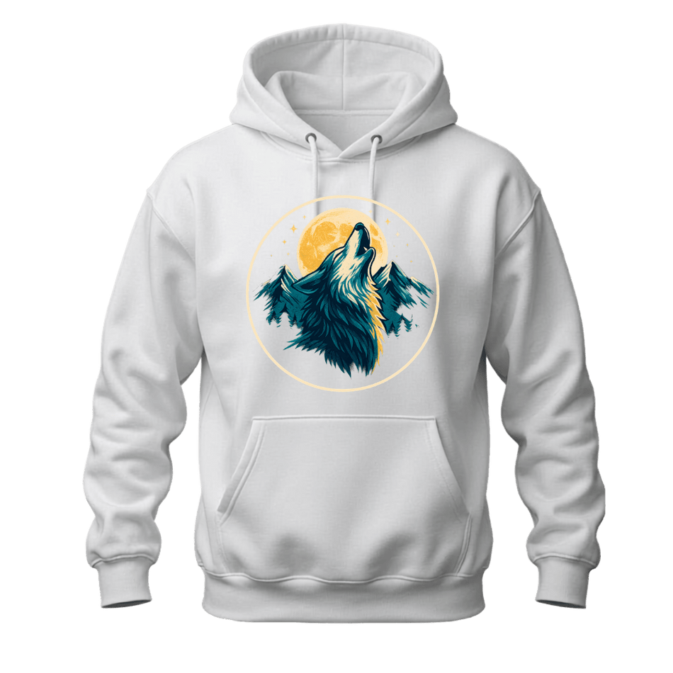 White wolf graphic hoodie featuring a golden moon, mountain peaks, forest elements, and wildlife inspired artwork.