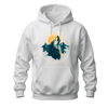 White wolf graphic hoodie featuring a golden moon, mountain peaks, forest elements, and wildlife inspired artwork.